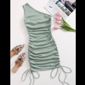 One shoulder ruched knot side bodycon dress. Mint/sage green.